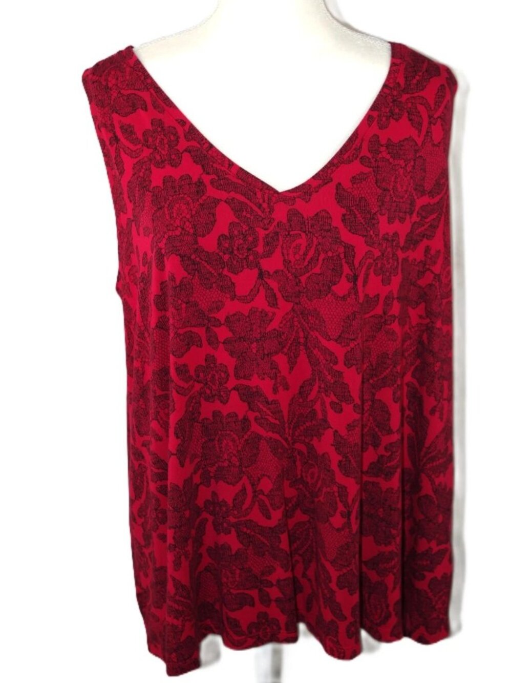 Lane Bryant V Neck Tank Top Size 18/20 Floral Red Black Lace Print Overlay Roses